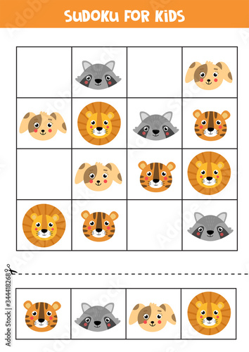 Sudoku game for children. Cute faces of animals.