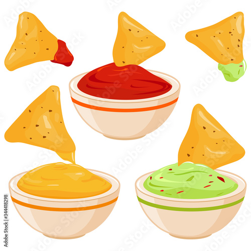 Bowls of avocado guacamole dip, tomato salsa, cheese sauce and nachos chips. Vector illustration