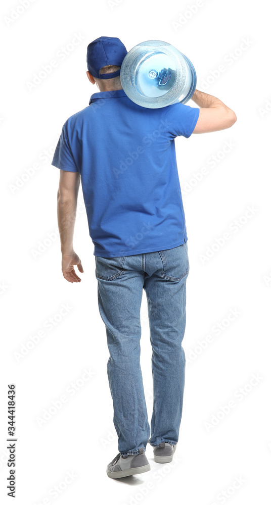 Delivery man with bottle of water on white background, back view Delivery man with bottle of water on white background, back view