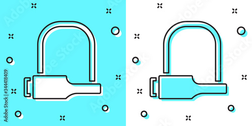 Black line Bicycle lock U shaped industrial icon isolated on green and white background. Random dynamic shapes. Vector Illustration