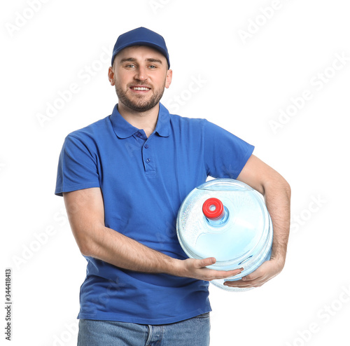 Smiling delivery man in blu...