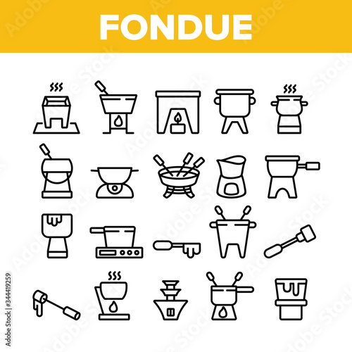Fondue Pot Equipment Collection Icons Set Vector. Fondue Device For Cooking Melted Cheese Dish, Kitchen Utensil And Skewer Concept Linear Pictograms. Monochrome Contour Illustrations