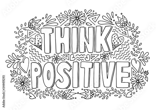 Think positive black and white handwritten motivational word with doodle pattern, vector illustration
