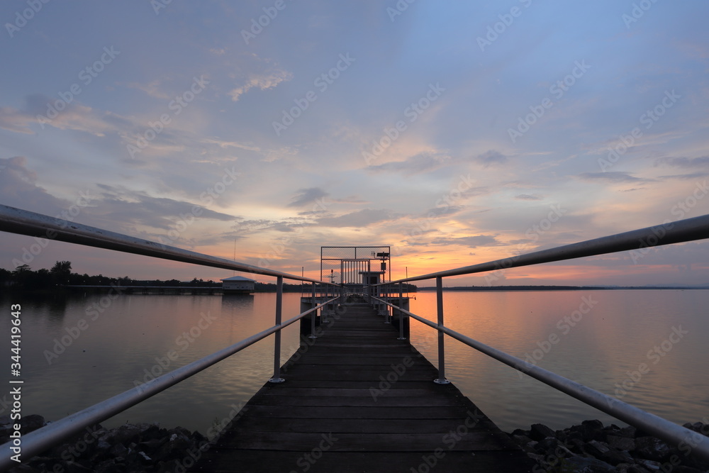 Dokkrai Reservoir and view sunset water reflection at rayong, thailand	