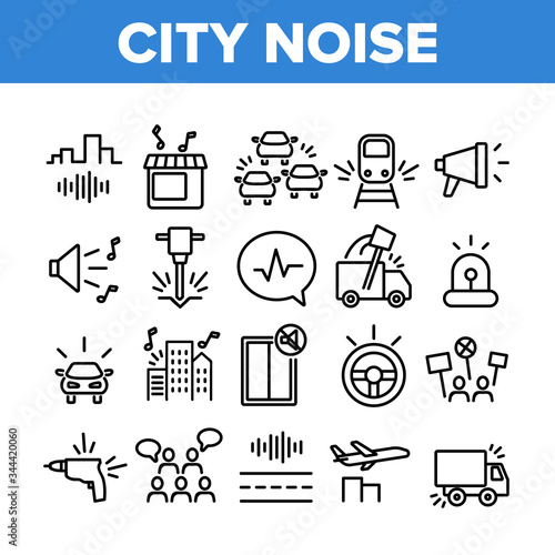 City Noise And Sounds Collection Icons Set Vector. Rattle Of Train Wheels And Car Signal City Traffic, Drill And Jackhammer, Plane And Truck Concept Linear Pictograms. Monochrome Contour Illustrations