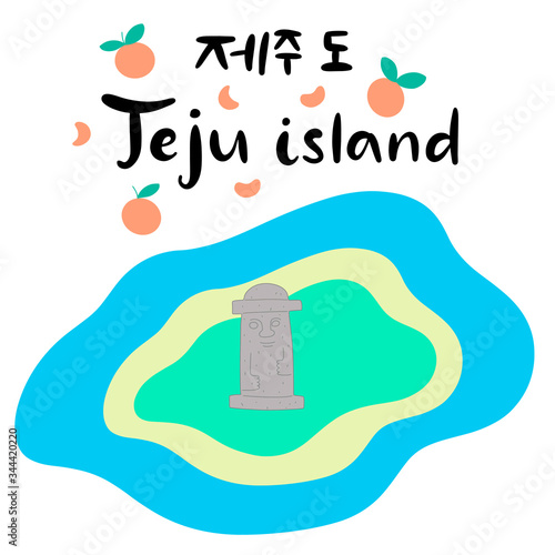 Jeju Korean island vector illustration. Travel to South korea. Welcome to Jeju in Korean language. Vacation in Asia. Flat abstract map. Aunt divers and stone statue of dol hareubang tourist attraction