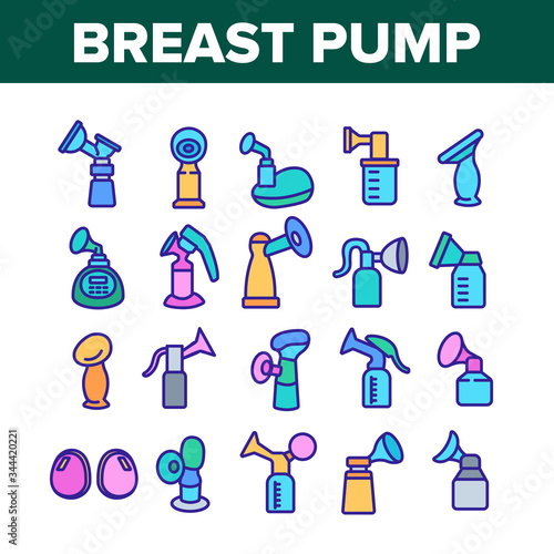Breast Pump Device Collection Icons Set Vector. Automatical And Manual Breast Pump Equipment For Mother Breast Maternity Milk Concept Linear Pictograms. Color Illustrations