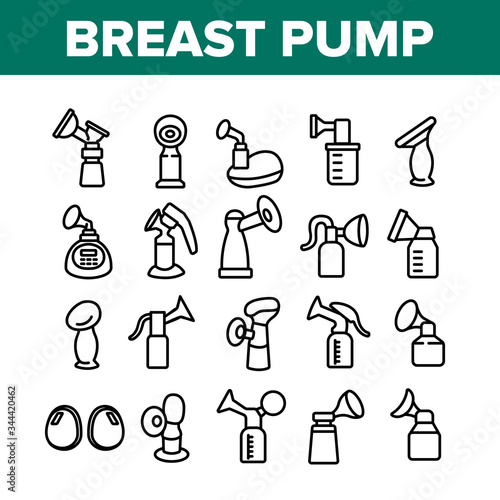 Breast Pump Device Collection Icons Set Vector. Automatical And Manual Breast Pump Equipment For Mother Breast Maternity Milk Concept Linear Pictograms. Monochrome Contour Illustrations