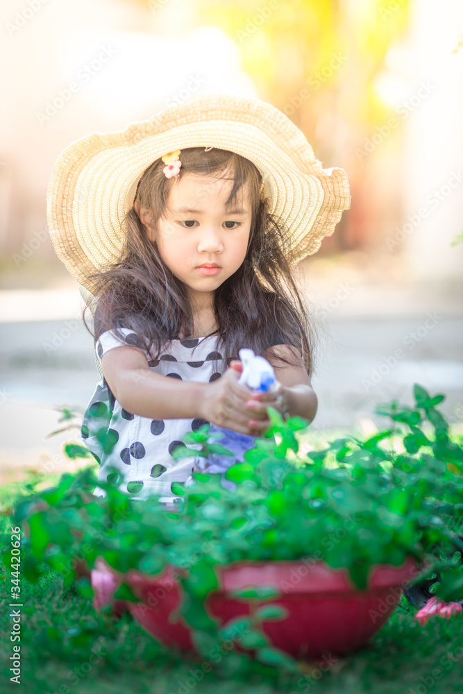 Fototapeta premium Close-up background view of a cute girl who is watering plants or growing vegetables for health,a crop cultivation program and business expansion