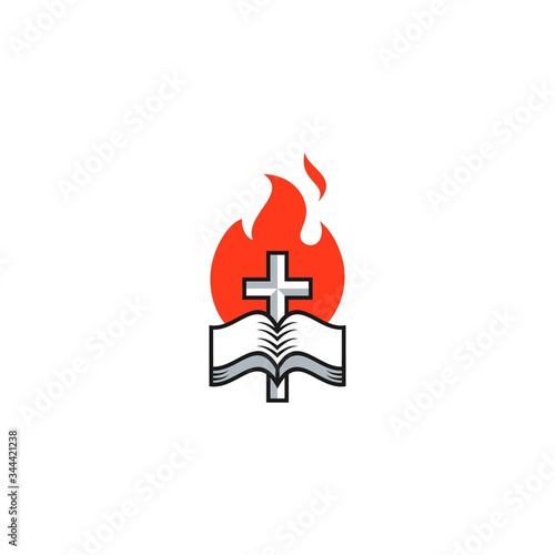cross, bible and fire icon, Church logo. The open bible and the cross of Jesus against the background of fire.