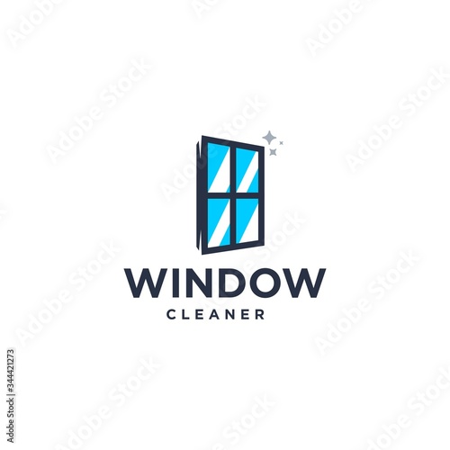 window cleaning service brand logo, house keeping service logo with clean window , sparkle exterior interior illustration