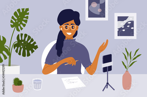 Blogger live streaming concept. Cute girl making video content to vlog, talking to blog audience. Woman vlogger online interview. Recording podcast, broadcast, social media network vector illustration