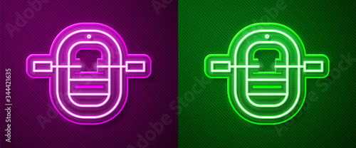 Glowing neon line Rafting boat icon isolated on purple and green background. Inflatable boat with paddles. Water sports, extreme sports, holiday, vacation. Vector Illustration