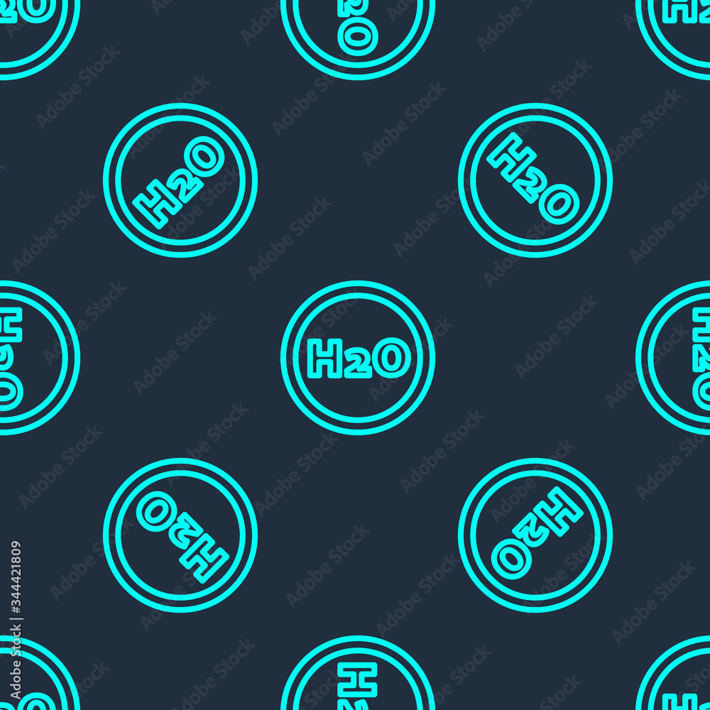 Fototapeta premium Green line Chemical formula for water drops H2O shaped icon isolated seamless pattern on blue background. Vector Illustration