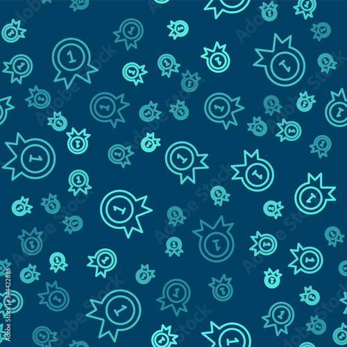 Green line Medal icon isolated seamless pattern on blue background. Winner achievement sign. Award medal. Vector Illustration