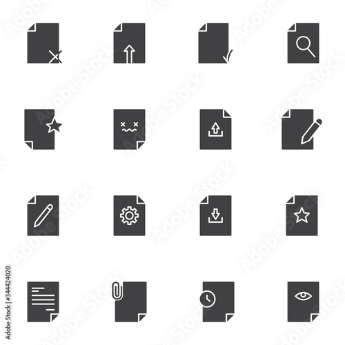 Document vector icons set, modern solid symbol collection, filled style pictogram pack. Signs, logo illustration. Set includes icons as download and upload file, archive folder, attach doc, editing
