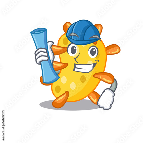 Cartoon character of vibrio brainy Architect with blue prints and blue helmet