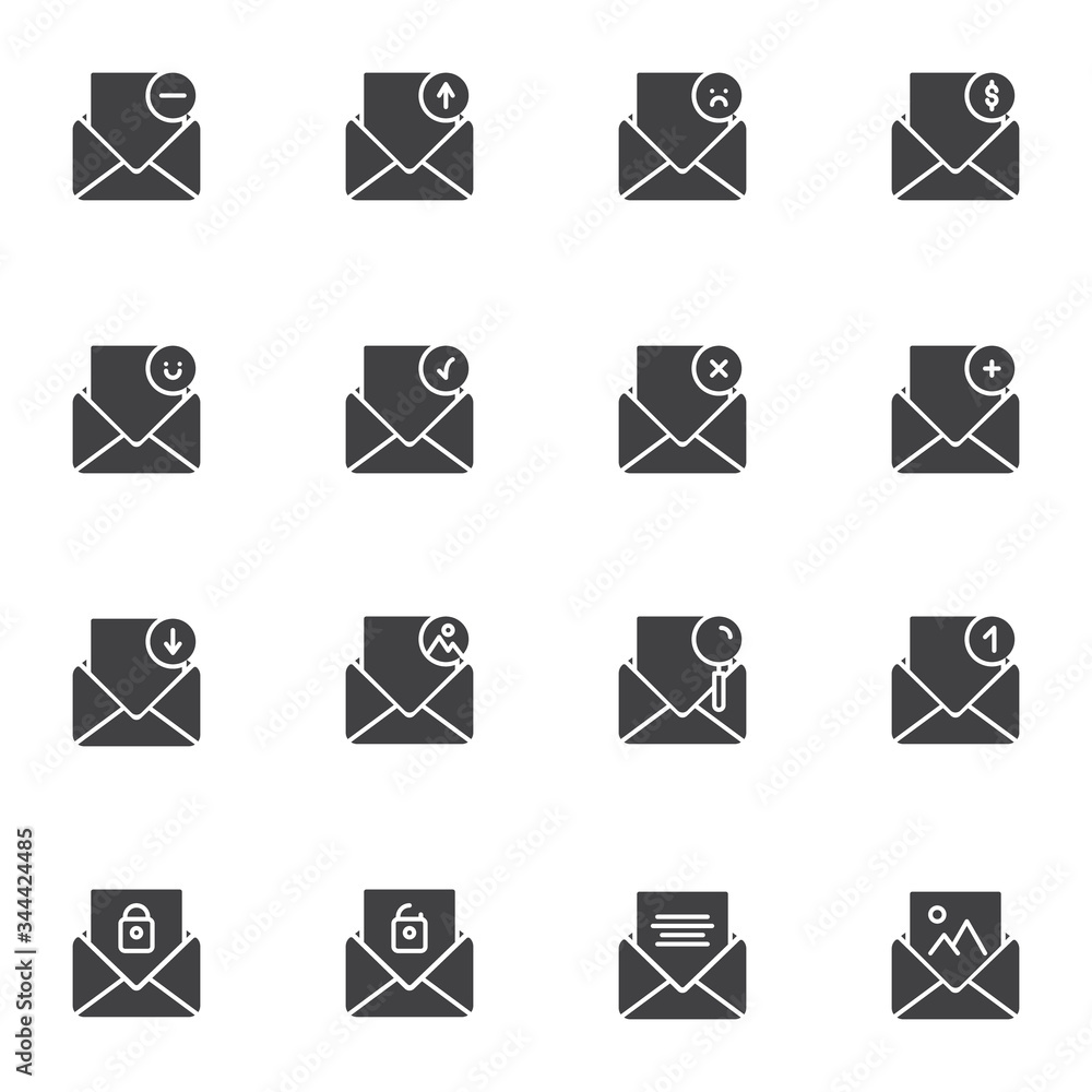 Email message vector icons set, modern solid symbol collection, filled style pictogram pack. Signs, logo illustration. Set includes icons as open envelope, receive mail, newsletter correspondence Email message vector icons set, modern solid symbol collection, filled style pictogram pack. Signs, logo illustration. Set includes icons as open envelope, receive mail, newsletter correspondence