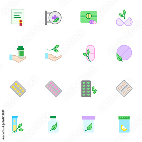 Drugstore Medicines elements collection, flat icons set, Colorful symbols pack contains - alternative medicine, homeopathic pharmacy signboard, medical pill. Vector illustration. Flat style design