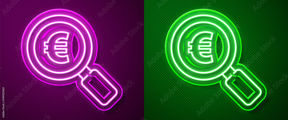 Glowing neon line Magnifying glass and euro symbol icon isolated on purple and green background. Find money. Looking for money. Vector Illustration Glowing neon line Magnifying glass and euro symbol icon isolated on purple and green background. Find money. Looking for money. Vector Illustration