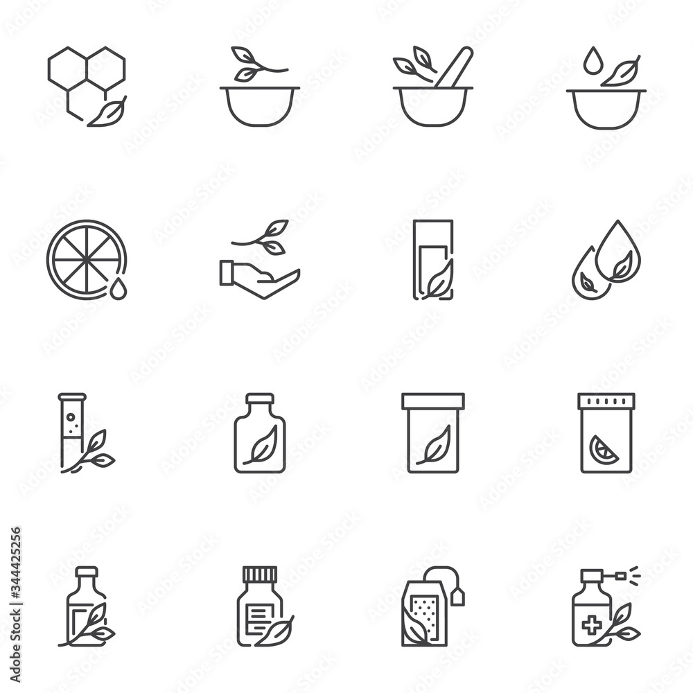 Fototapeta premium Alternative medicine line icons set, outline vector symbol collection, linear style pictogram pack. Signs, logo illustration. Set includes icons as treatment medication, natural vitamin, pestle mortar