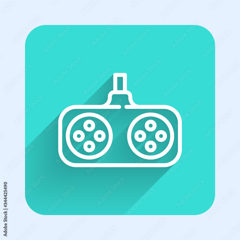 Obraz premium White line Gamepad icon isolated with long shadow. Game controller. Green square button. Vector Illustration