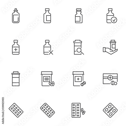 Medication line icons set, outline vector symbol collection, linear style pictogram pack. Signs, logo illustration. Set includes icons as medical pills, medicine bottles, medication blister packs