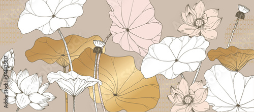 Golden lotus line arts on dark background, Luxury gold wallpaper design for prints, banner, fabric, poster, cover, digital arts vector illustration.	