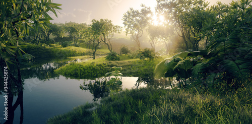 Fresh green paradise scenery - amazonian tropical rainforest environment with calm river in beautiful sunset light. 3d rendering. © malp
