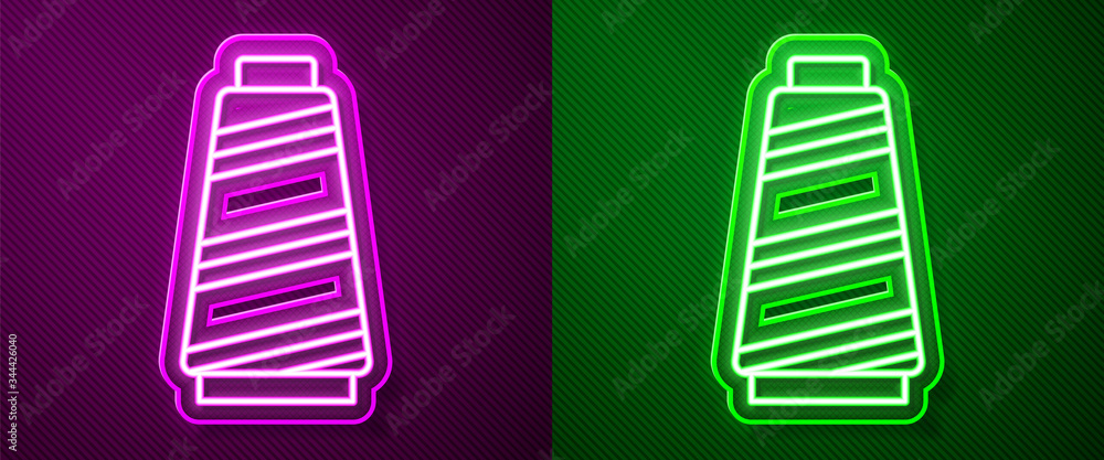 Glowing neon line Sewing thread on spool icon isolated on purple and green background. Yarn spool. Thread bobbin. Vector Illustration Glowing neon line Sewing thread on spool icon isolated on purple and green background. Yarn spool. Thread bobbin. Vector Illustration