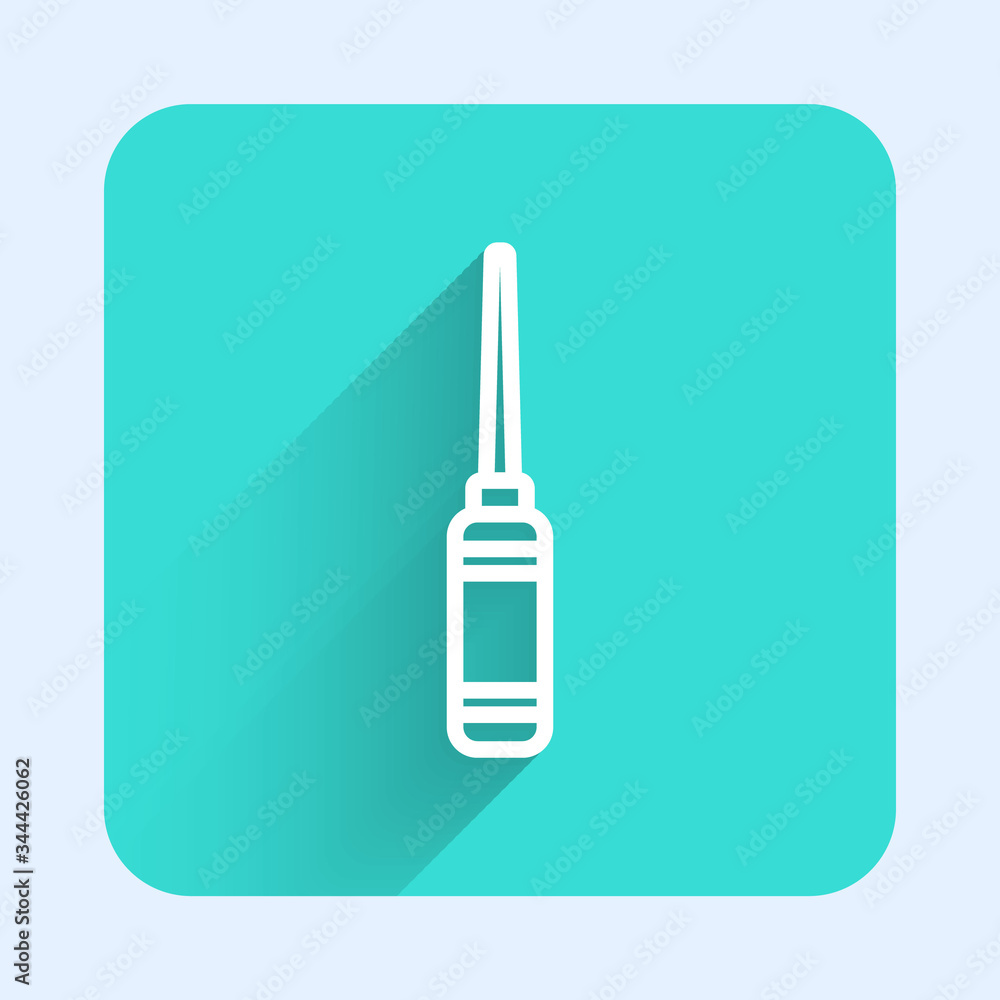 White line Awl tool with wooden handle icon isolated with long shadow. Work equipment tailor industry. Green square button. Vector Illustration White line Awl tool with wooden handle icon isolated with long shadow. Work equipment tailor industry. Green square button. Vector Illustration
