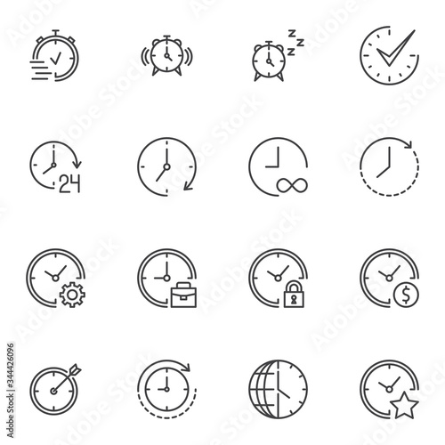 Time and clock line icons set, outline vector symbol collection, linear style pictogram pack. Signs, logo illustration. Set includes icons as deadline, stopwatch chronometer, alarm clock, world time