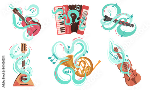 Musical Stringed and Wind Instruments with Decorative Swirling Lines Vector Set