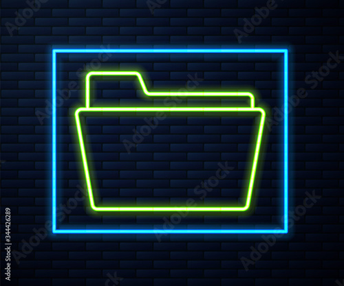 Glowing neon line Document folder icon isolated on brick wall background. Accounting binder symbol. Bookkeeping management. Vector Illustration