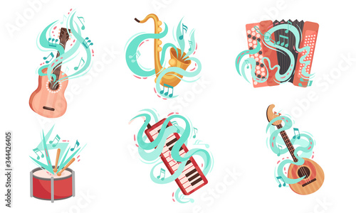Musical Stringed and Wind Instruments with Decorative Swirling Lines Vector Set