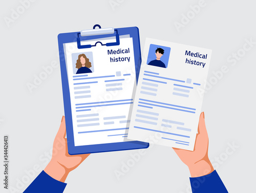 Medical history. Hands of doctor hold medical notepad. First aid, diagnostic. Vector illustration.