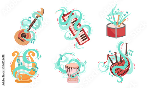 Musical Stringed and Wind Instruments with Decorative Swirling Lines Vector Set