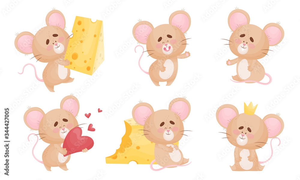 Cartoon Mouse with Big Ears and Long Tail Wearing Crown and Holding Slab of Cheese Vector Set