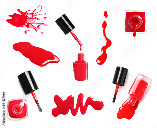 Photos Collage of red nail polish on white background, top view