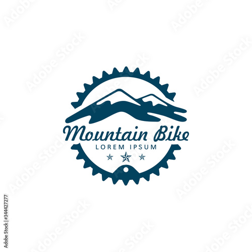 MTB bike logo with mountain and gear or chain ring vector