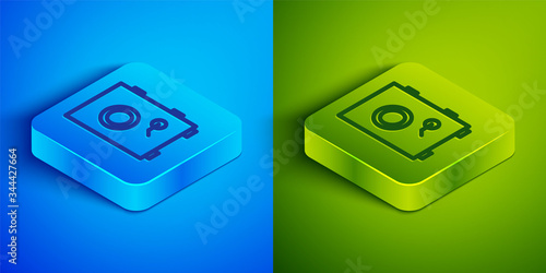 Isometric line Safe icon isolated on blue and green background. The door safe a bank vault with a combination lock. Reliable Data Protection. Square button. Vector Illustration