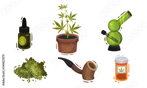 Cannabis Plant as Cosmetic and Smoking Product Vector Set