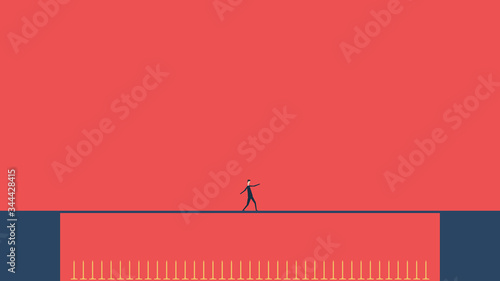Business risk. Businessman walking on tightrope gap dangerous spikes. Way to success. Obstacle on road. Vector flat design.vector business finance Successful concept