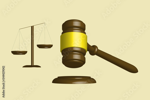 Judge's gavel and scales of brown wood in 3D.