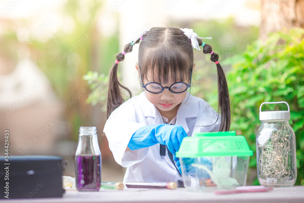 Close-up background view of a cute girl Who are learning science, business concepts, experimenting with chemical coloring or marketing planning Close-up background view of a cute girl Who are learning science, business concepts, experimenting with chemical coloring or marketing planning