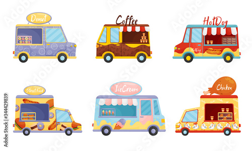 Street Food Vans Selling Sweet Doughnuts and Coffee Vector Set