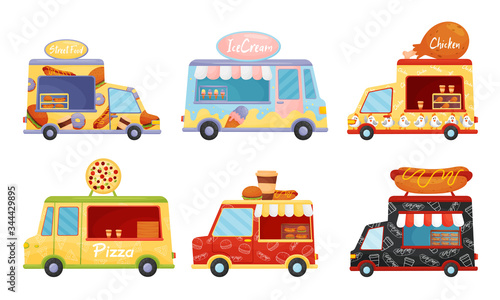 Street Food Vans Selling Pizza and Burgers Vector Set