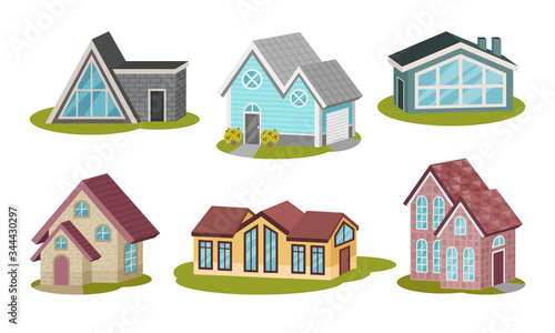 Private Houses and Cottages on Green Lawn Isolated on White Background Vector Set