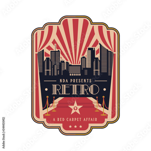 Red carpet logo icon. Ceremonial vip event. Sign for web page or mobile app. Cinema award. Stage with curtain.