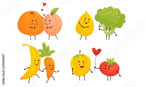 Happy Fruits and Vegetables Holding Hands and Kissing Vector Set